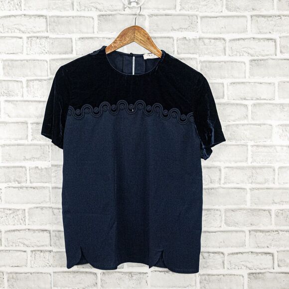 Sandro Paris Navy Short Sleeve Blouse Velvet trim Women's Size 2 - Picture 5 of 7